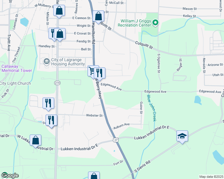 map of restaurants, bars, coffee shops, grocery stores, and more near 122 1/2 Edgewood Avenue in LaGrange