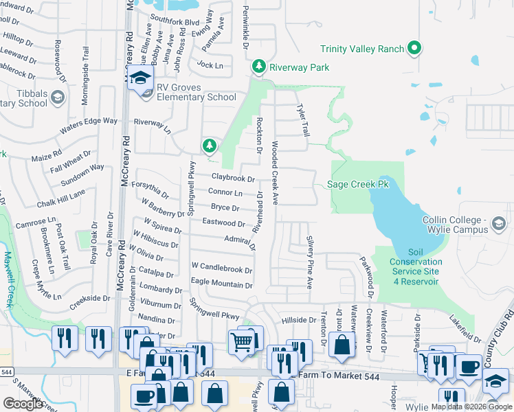 map of restaurants, bars, coffee shops, grocery stores, and more near 714 Riverhead Drive in Wylie