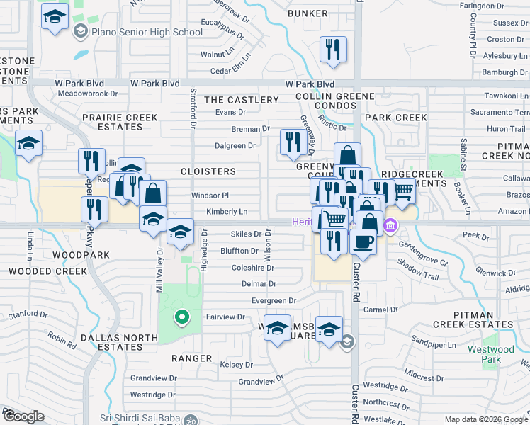 map of restaurants, bars, coffee shops, grocery stores, and more near in Plano