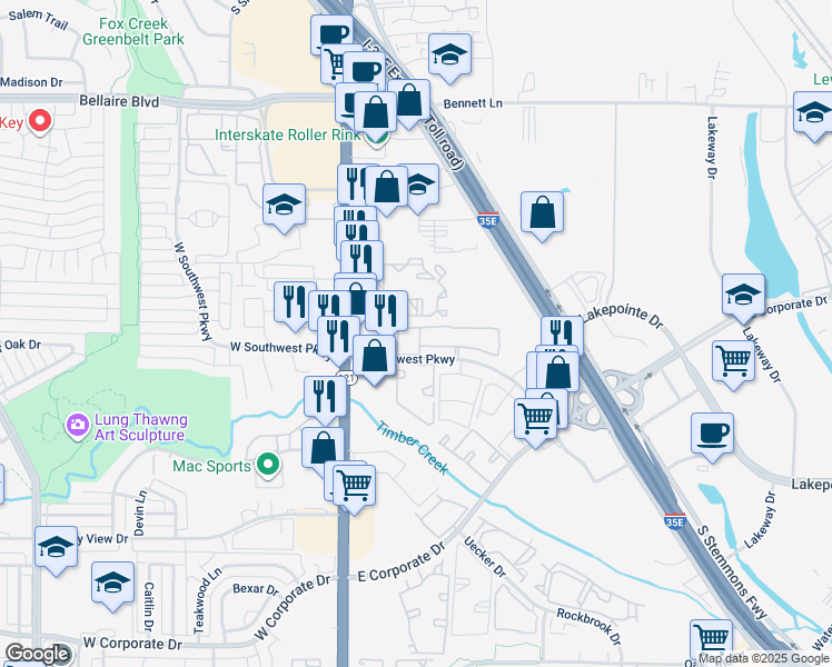 map of restaurants, bars, coffee shops, grocery stores, and more near 247 East Southwest Parkway in Lewisville