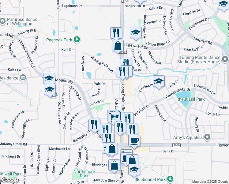 map of restaurants, bars, coffee shops, grocery stores, and more near 2500 Sycamore Leaf Lane in Flower Mound