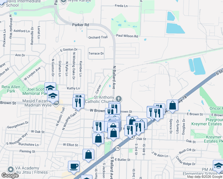 map of restaurants, bars, coffee shops, grocery stores, and more near 514 North Ballard Avenue in Wylie