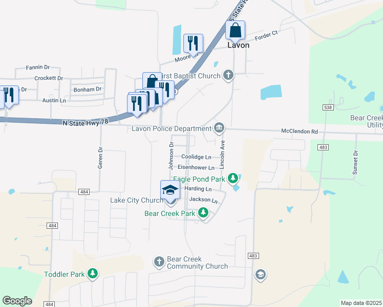 map of restaurants, bars, coffee shops, grocery stores, and more near 491 Coolidge Lane in Lavon