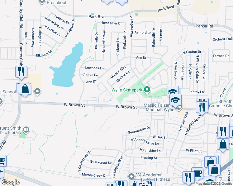 map of restaurants, bars, coffee shops, grocery stores, and more near 917 Chickesaw Lane in Wylie