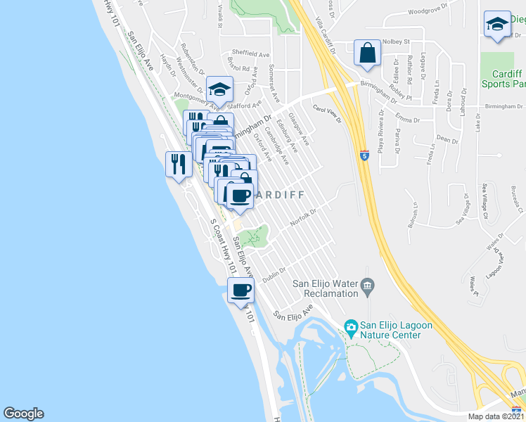 map of restaurants, bars, coffee shops, grocery stores, and more near 2265A Manchester Avenue in Encinitas