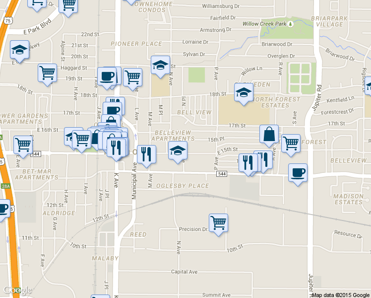 map of restaurants, bars, coffee shops, grocery stores, and more near 1504 East 15th Street in Plano