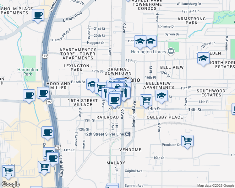 map of restaurants, bars, coffee shops, grocery stores, and more near in Plano