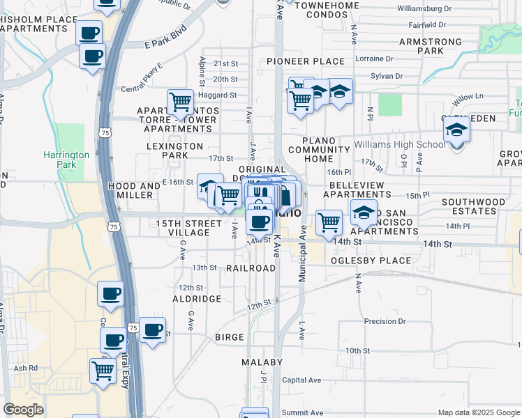 map of restaurants, bars, coffee shops, grocery stores, and more near in Plano
