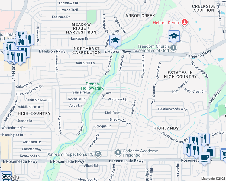 map of restaurants, bars, coffee shops, grocery stores, and more near 3918 Alto Avenue in Carrollton