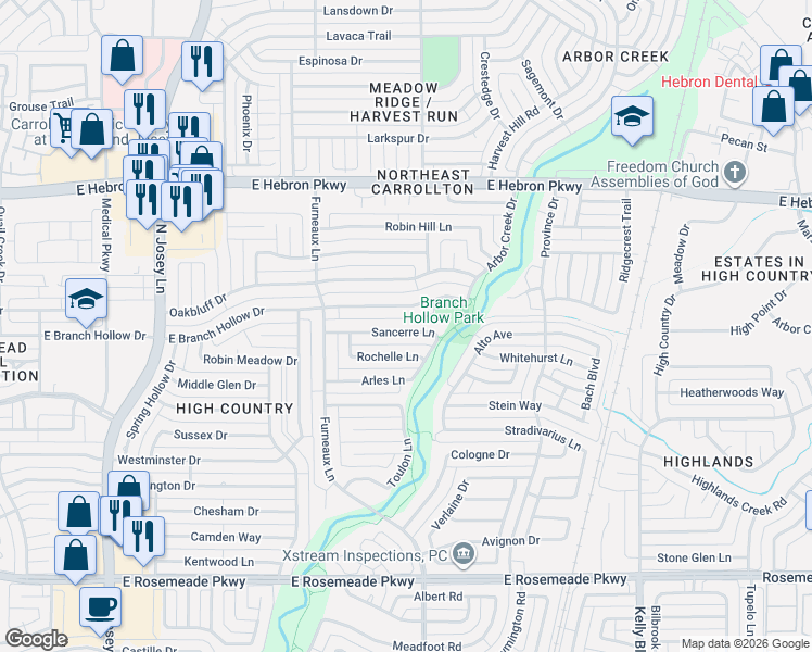 map of restaurants, bars, coffee shops, grocery stores, and more near 2036 Sancerre Lane in Carrollton