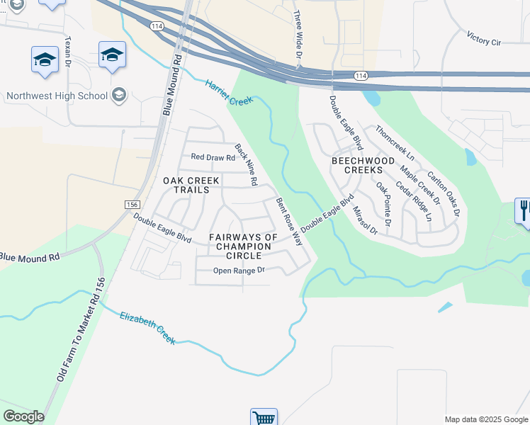 map of restaurants, bars, coffee shops, grocery stores, and more near 2516 TrailHead Drive in Fort Worth