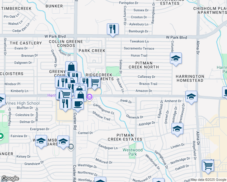 map of restaurants, bars, coffee shops, grocery stores, and more near 1522 Rio Grande Drive in Plano