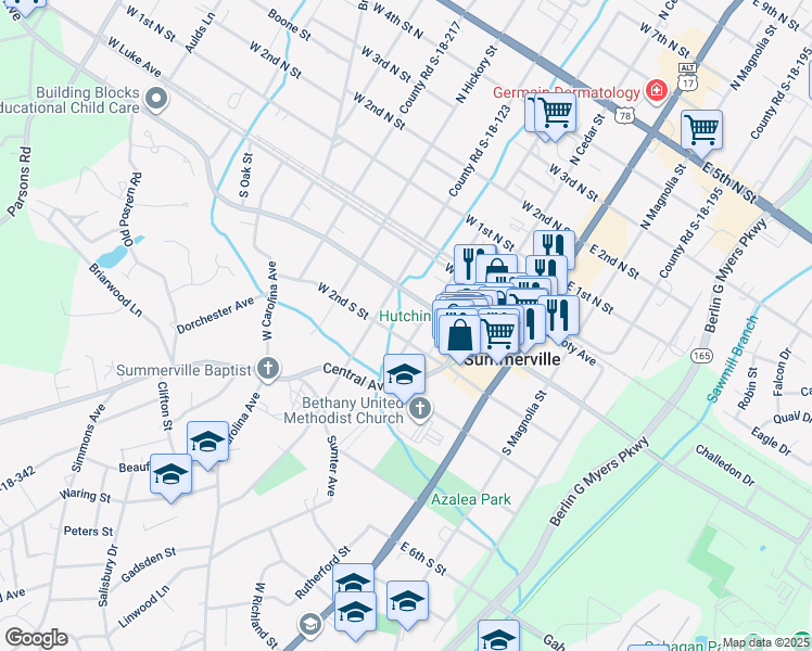 map of restaurants, bars, coffee shops, grocery stores, and more near in Summerville
