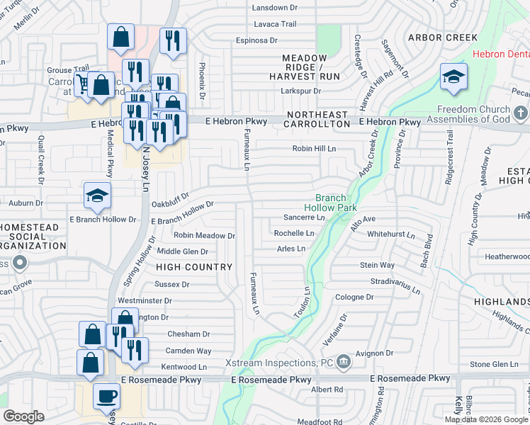 map of restaurants, bars, coffee shops, grocery stores, and more near 2002 Rochelle Lane in Carrollton
