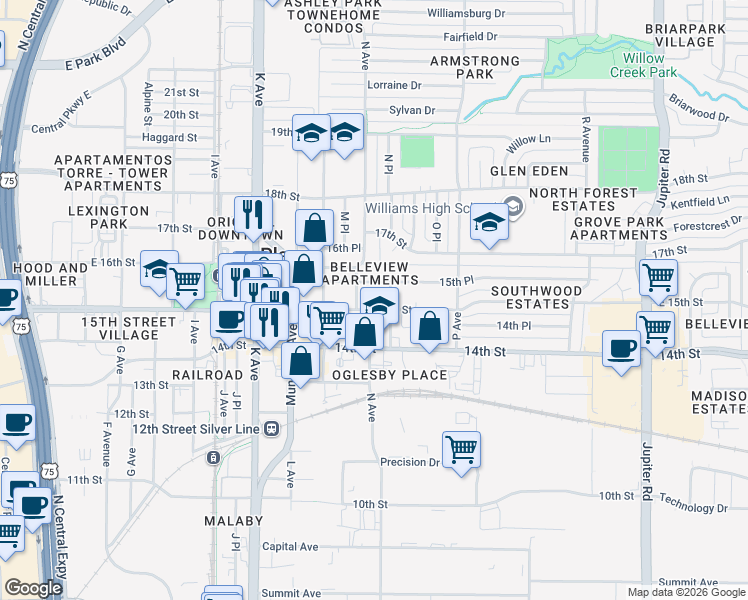 map of restaurants, bars, coffee shops, grocery stores, and more near 1400 East 15th Street in Plano