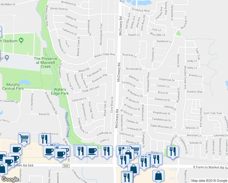 map of restaurants, bars, coffee shops, grocery stores, and more near 437 Cave River Drive in Murphy