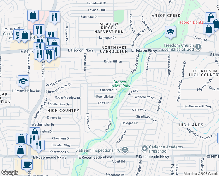 map of restaurants, bars, coffee shops, grocery stores, and more near 2036 Sancerre Lane in Carrollton