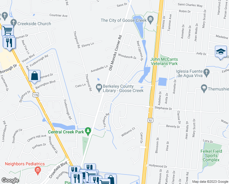 map of restaurants, bars, coffee shops, grocery stores, and more near 116 Egret Lane in Goose Creek