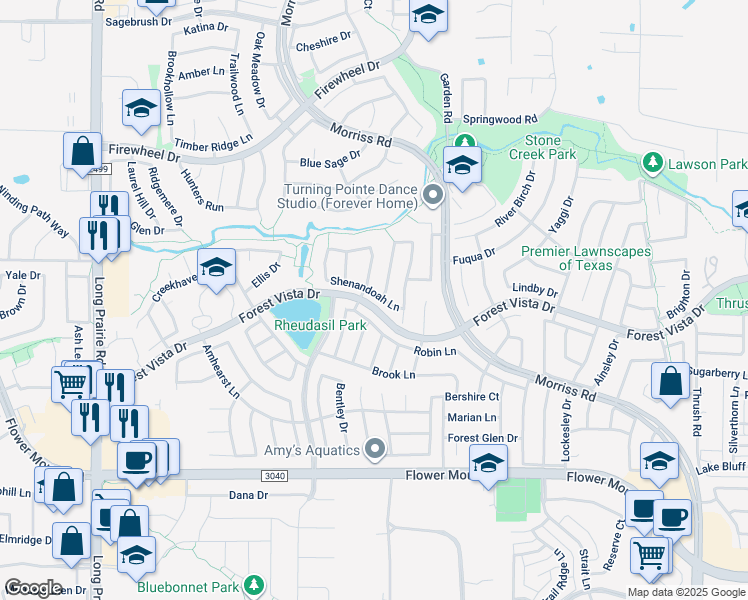 map of restaurants, bars, coffee shops, grocery stores, and more near 1925 Shenandoah Lane in Flower Mound