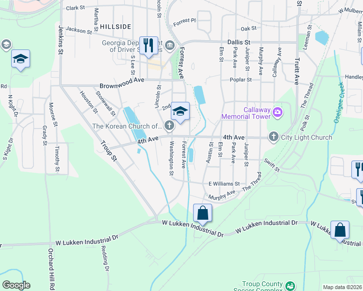 map of restaurants, bars, coffee shops, grocery stores, and more near 1310 Forrest Avenue in LaGrange