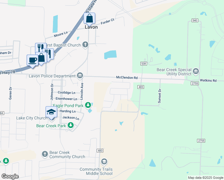 map of restaurants, bars, coffee shops, grocery stores, and more near 204 Sunshine Lane in Lavon