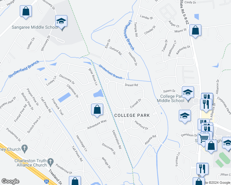map of restaurants, bars, coffee shops, grocery stores, and more near 108 Columbia Drive in Ladson
