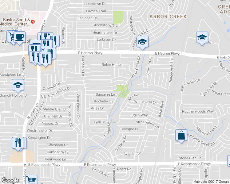 map of restaurants, bars, coffee shops, grocery stores, and more near 2035 Sancerre Lane in Carrollton