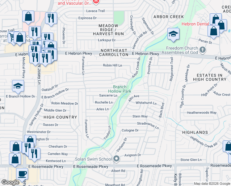 map of restaurants, bars, coffee shops, grocery stores, and more near 2035 Sancerre Lane in Carrollton