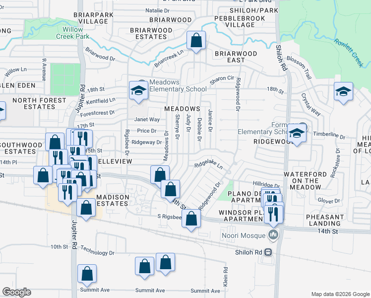 map of restaurants, bars, coffee shops, grocery stores, and more near 1456 Sherrye Drive in Plano