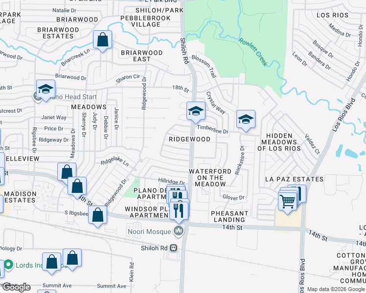 map of restaurants, bars, coffee shops, grocery stores, and more near 3529 Birchwood Lane in Plano