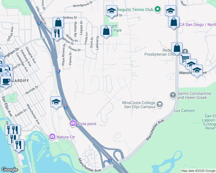 map of restaurants, bars, coffee shops, grocery stores, and more near 2063 Sea Village Circle in Encinitas