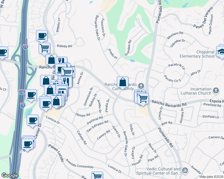 map of restaurants, bars, coffee shops, grocery stores, and more near 12212 Santiago Road West in San Diego