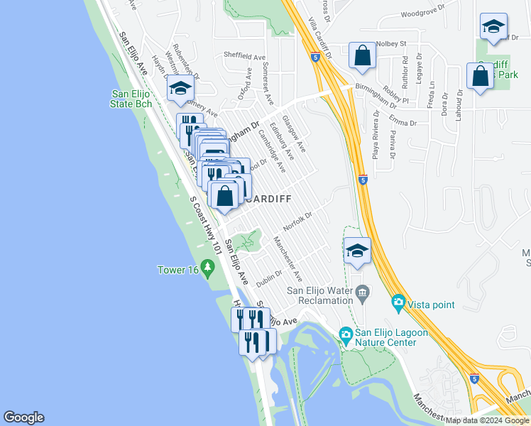 map of restaurants, bars, coffee shops, grocery stores, and more near 2265A Manchester Avenue in Encinitas