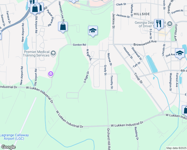 map of restaurants, bars, coffee shops, grocery stores, and more near 110 South Kight Drive in LaGrange