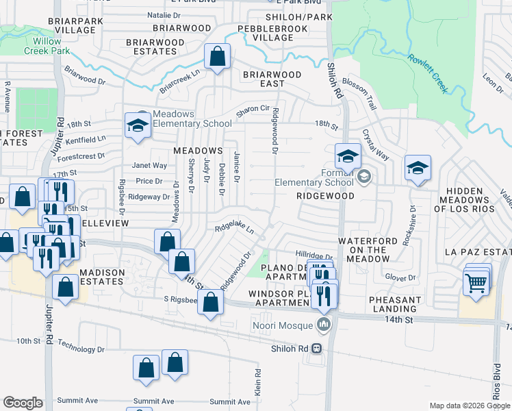 map of restaurants, bars, coffee shops, grocery stores, and more near 1455 Ridgewood Drive in Plano
