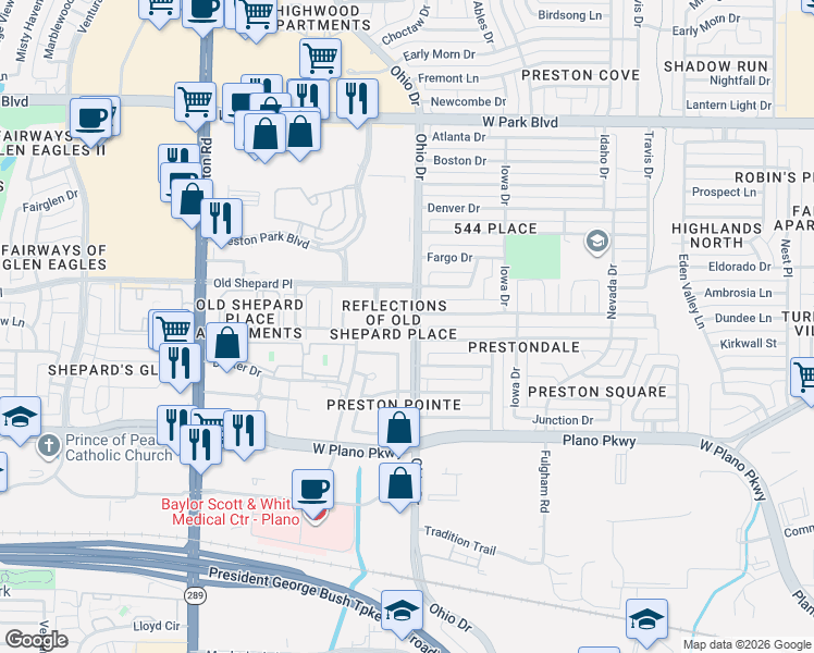 map of restaurants, bars, coffee shops, grocery stores, and more near 4609 Orwell Drive in Plano