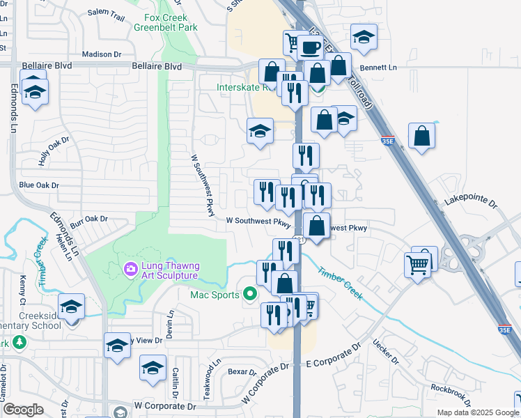 map of restaurants, bars, coffee shops, grocery stores, and more near 101 Chelsea Court in Lewisville