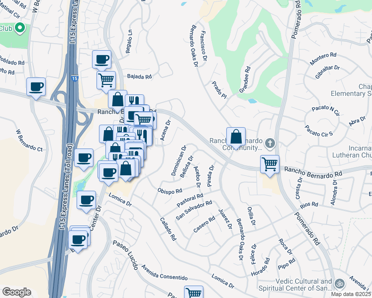 map of restaurants, bars, coffee shops, grocery stores, and more near 16941 Dominican Drive in San Diego