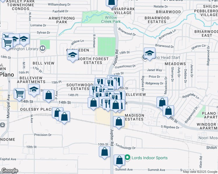 map of restaurants, bars, coffee shops, grocery stores, and more near 1901 East 15th Street in Plano
