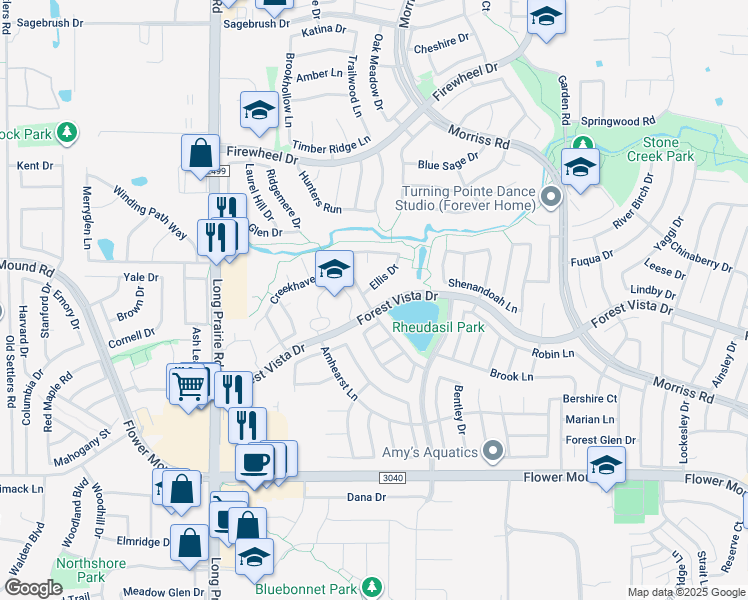 map of restaurants, bars, coffee shops, grocery stores, and more near 2328 Lakeshore Drive in Flower Mound