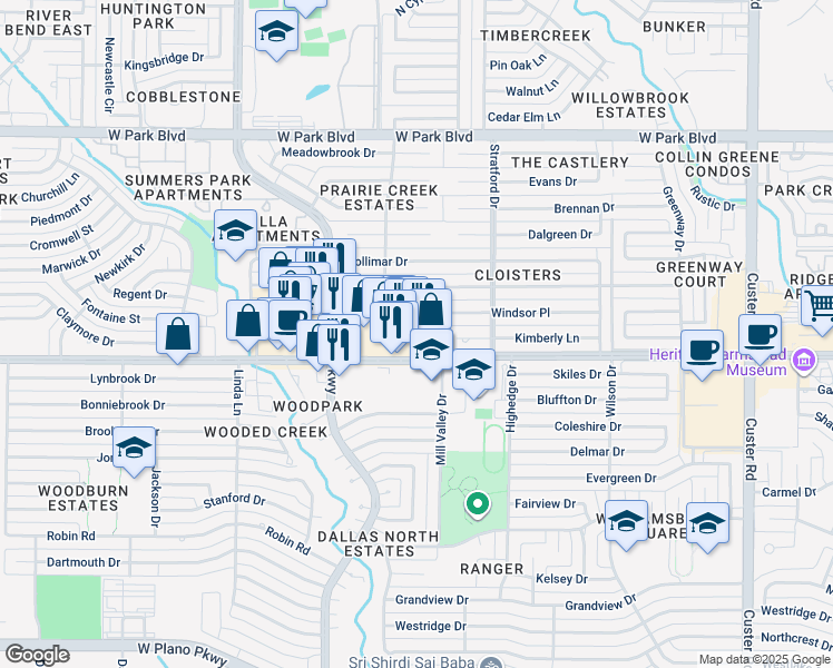 map of restaurants, bars, coffee shops, grocery stores, and more near 2723 West 15th Street in Plano