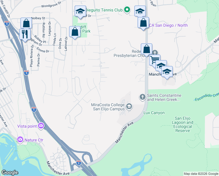 map of restaurants, bars, coffee shops, grocery stores, and more near 2031 Crest Drive in Encinitas