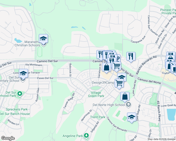 map of restaurants, bars, coffee shops, grocery stores, and more near 16750 Coyote Bush Drive in San Diego