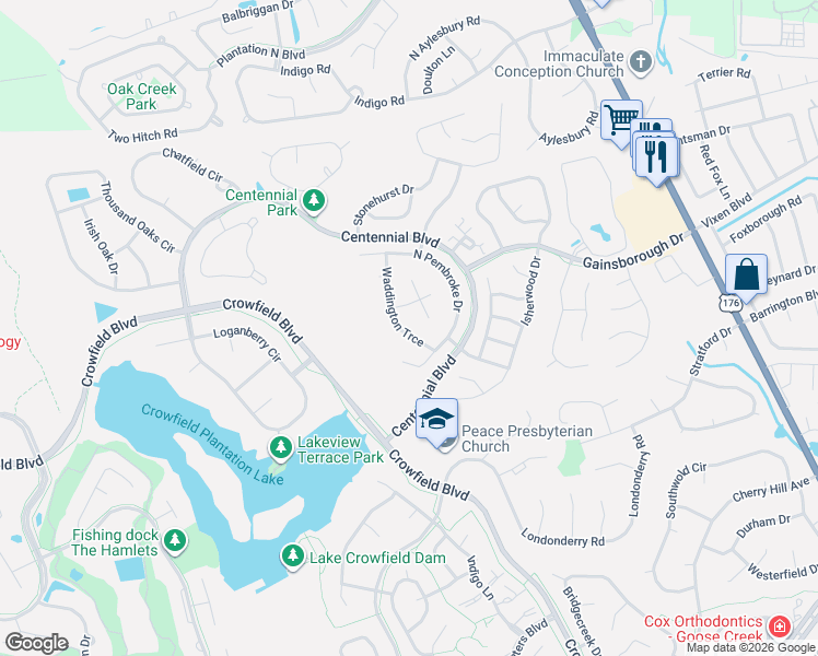 map of restaurants, bars, coffee shops, grocery stores, and more near 103 Waddington Trce in Goose Creek