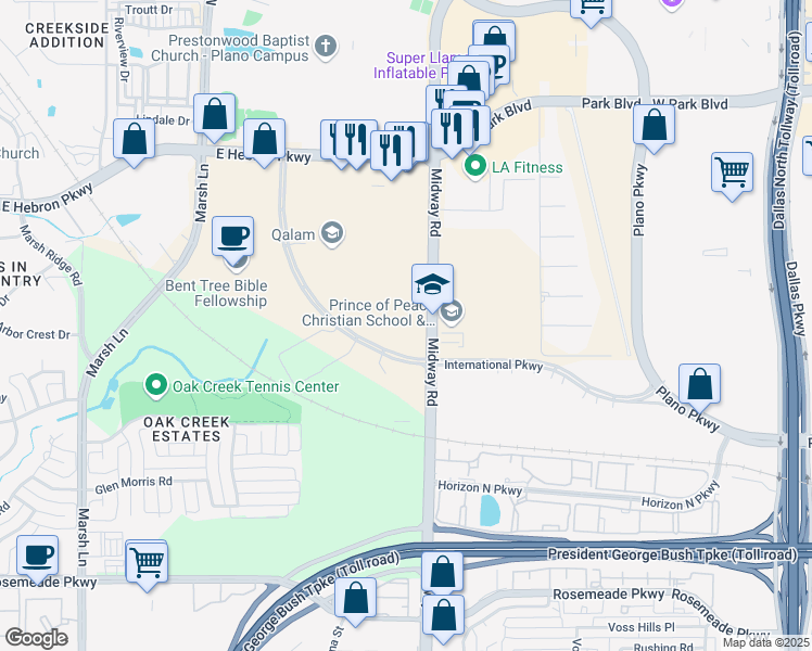 map of restaurants, bars, coffee shops, grocery stores, and more near 4000 International Parkway in Carrollton