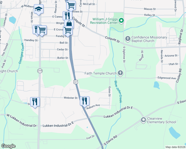 map of restaurants, bars, coffee shops, grocery stores, and more near 136 Edgewood Avenue in LaGrange