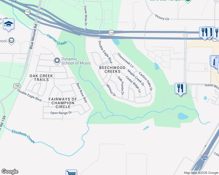 map of restaurants, bars, coffee shops, grocery stores, and more near Mirasol Drive in Fort Worth