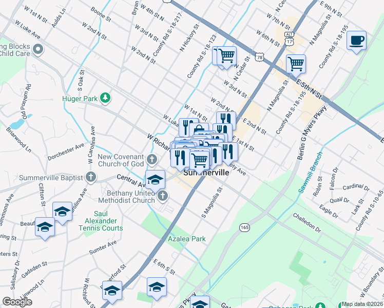 map of restaurants, bars, coffee shops, grocery stores, and more near in Summerville