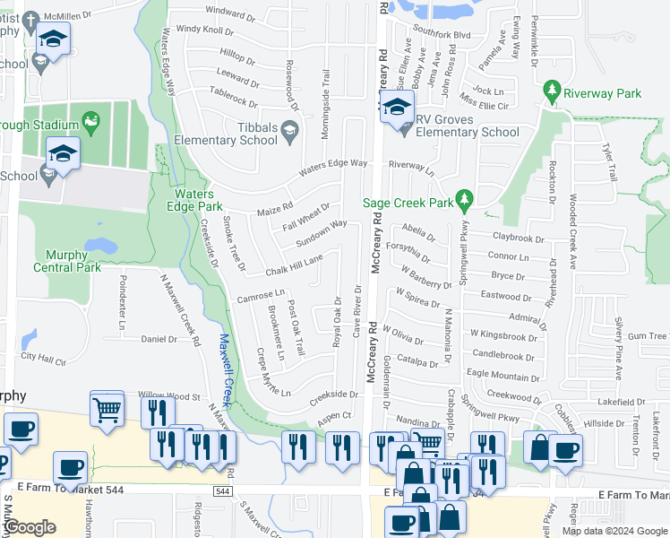 map of restaurants, bars, coffee shops, grocery stores, and more near 500 Royal Oak Drive in Plano