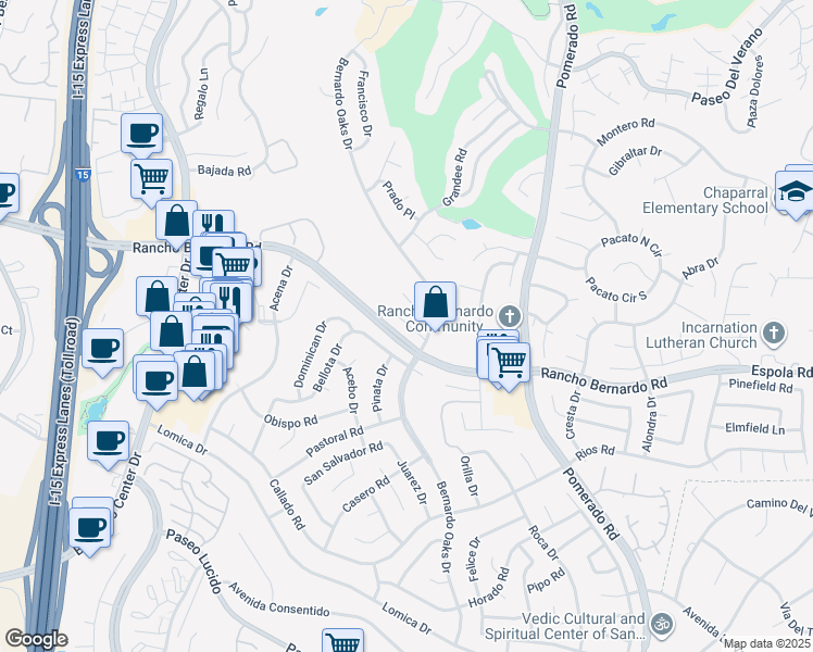 map of restaurants, bars, coffee shops, grocery stores, and more near 12226 Rancho Bernardo Road in San Diego
